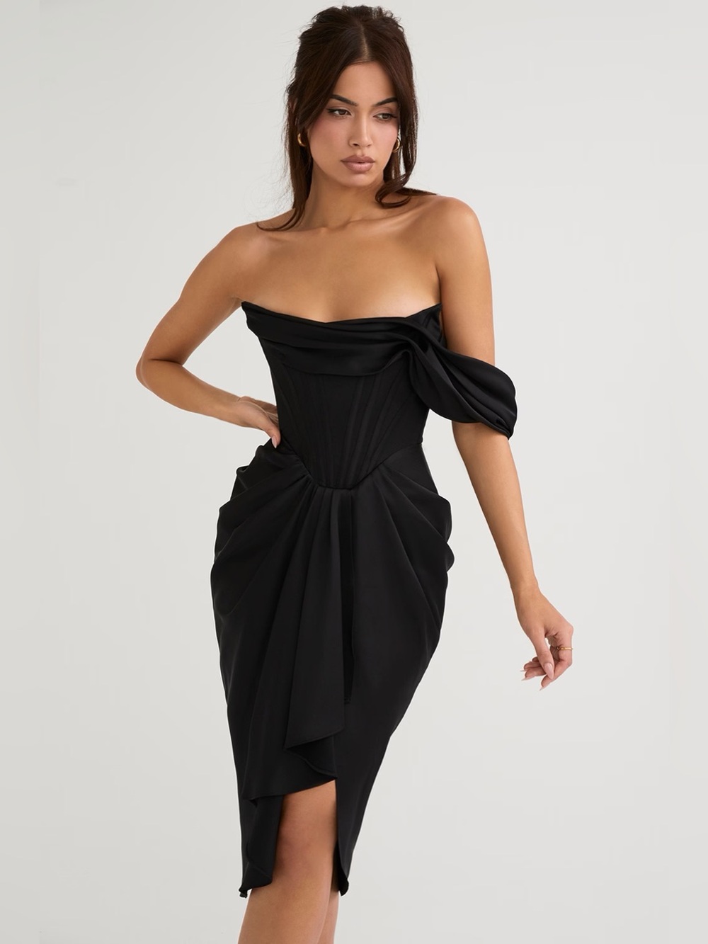 House of CB JANIS Black Satin Corset Midi Dress